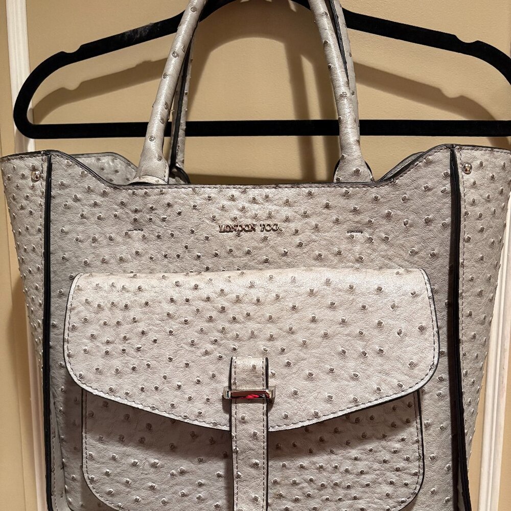 LONDON FOG FAUX LEATHER EMBOSSED OSTRICH TOTE BAG, GRAY